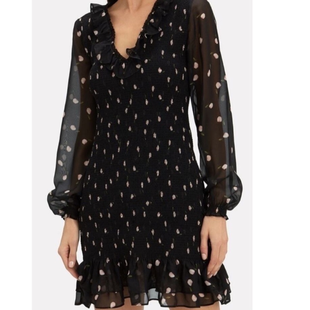 Intermix 100% Silk Black Floral Smocked Ruffle Mini Dress Size 4